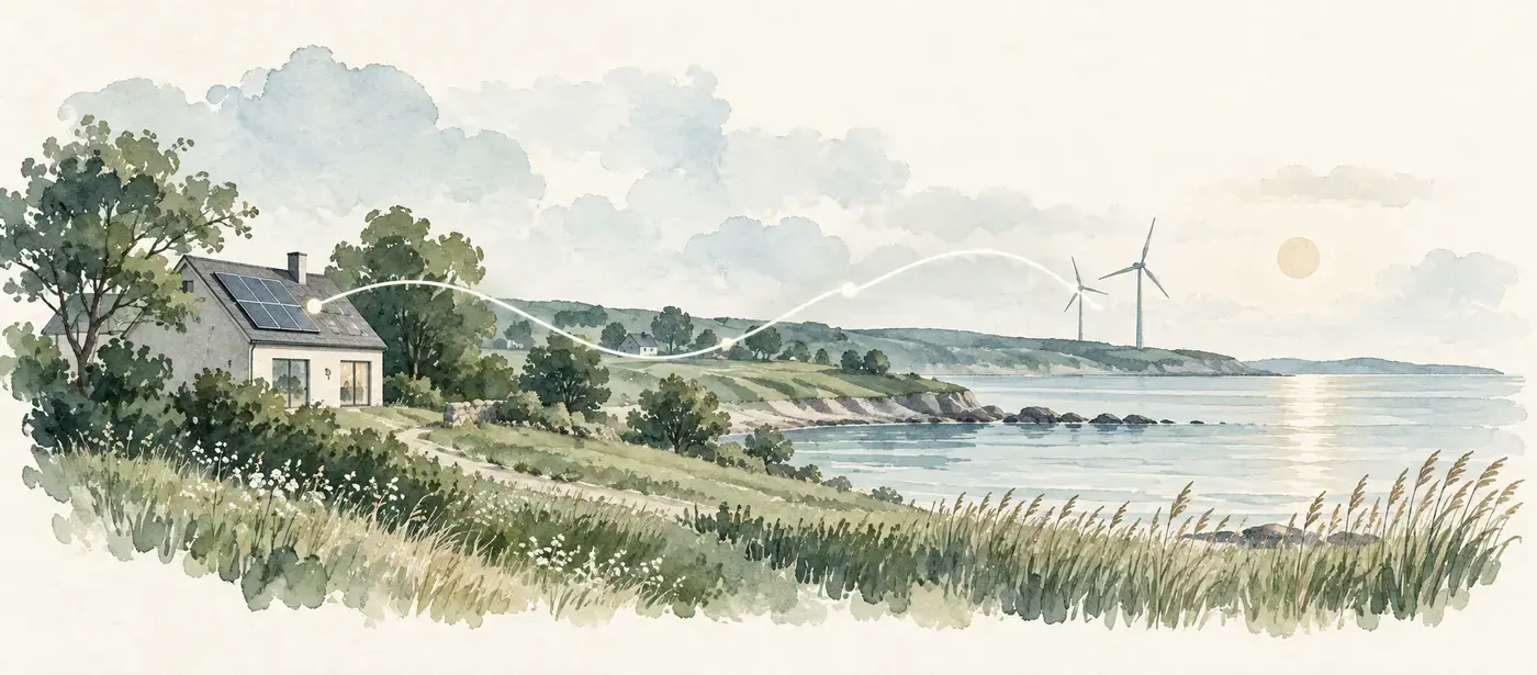 Nordisk kystlandskab med solceller og vindmøller som illustration af grøn strøm